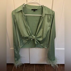 Feather Sleeve Satin Tie Top